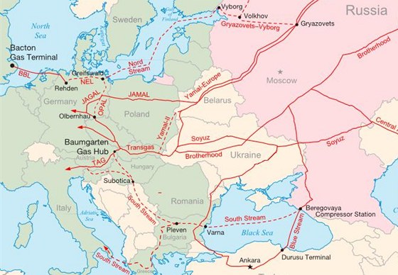 Plynovody Nord Stream a South Stream Rusku umožní vyhnout se dodávkám přes střední Evropu. Zdroj: Wikimedia Commons